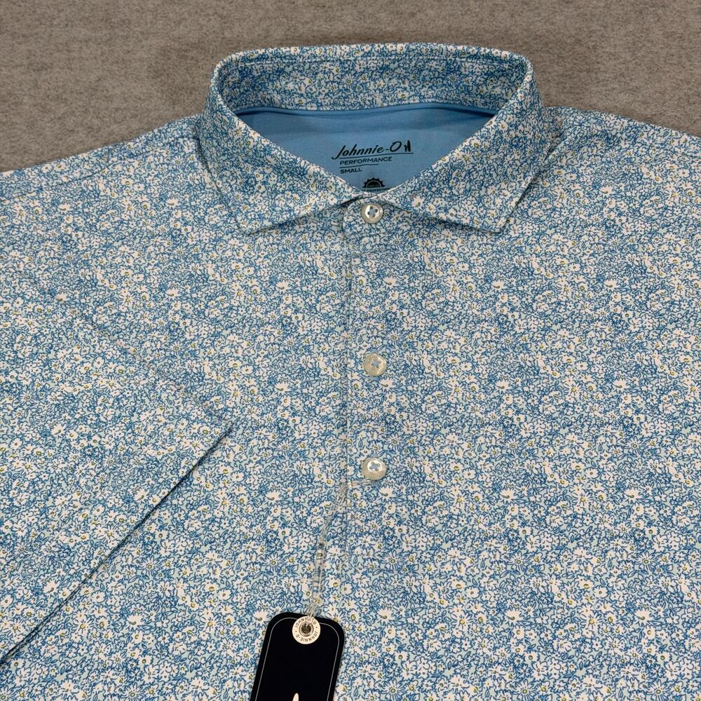 Johnnie-O Wildflower Performance Polo Shirt Mens Small S Mahalo Blue Floral NWT